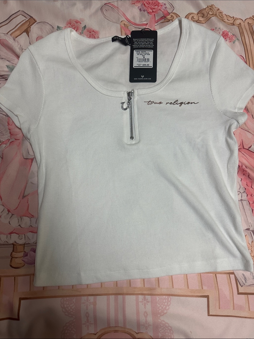 True Religion White Ribbed Zip-Front Crop Top